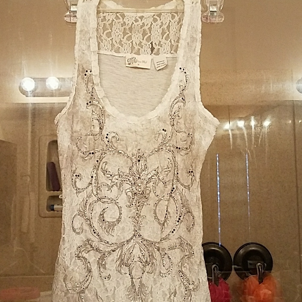 White lace miss me tank top with silver bling size